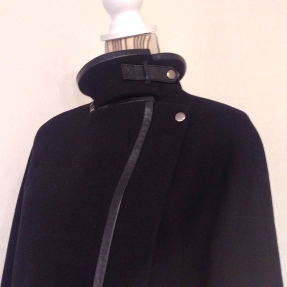 Madewell Black Wool Blend City Grid Cocoon Coat Leather Trim Size 4 - Picture 4 of 13
